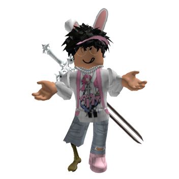 a cartoon character is dressed up as a bunny with two swords in his hand and wearing pink shoes