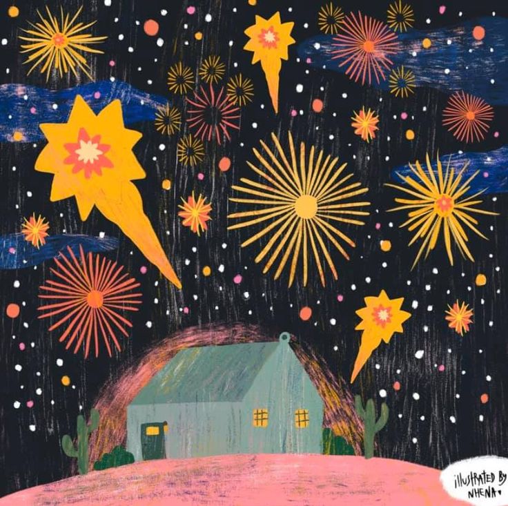 a drawing of a house with fireworks in the sky above it and stars falling from the sky