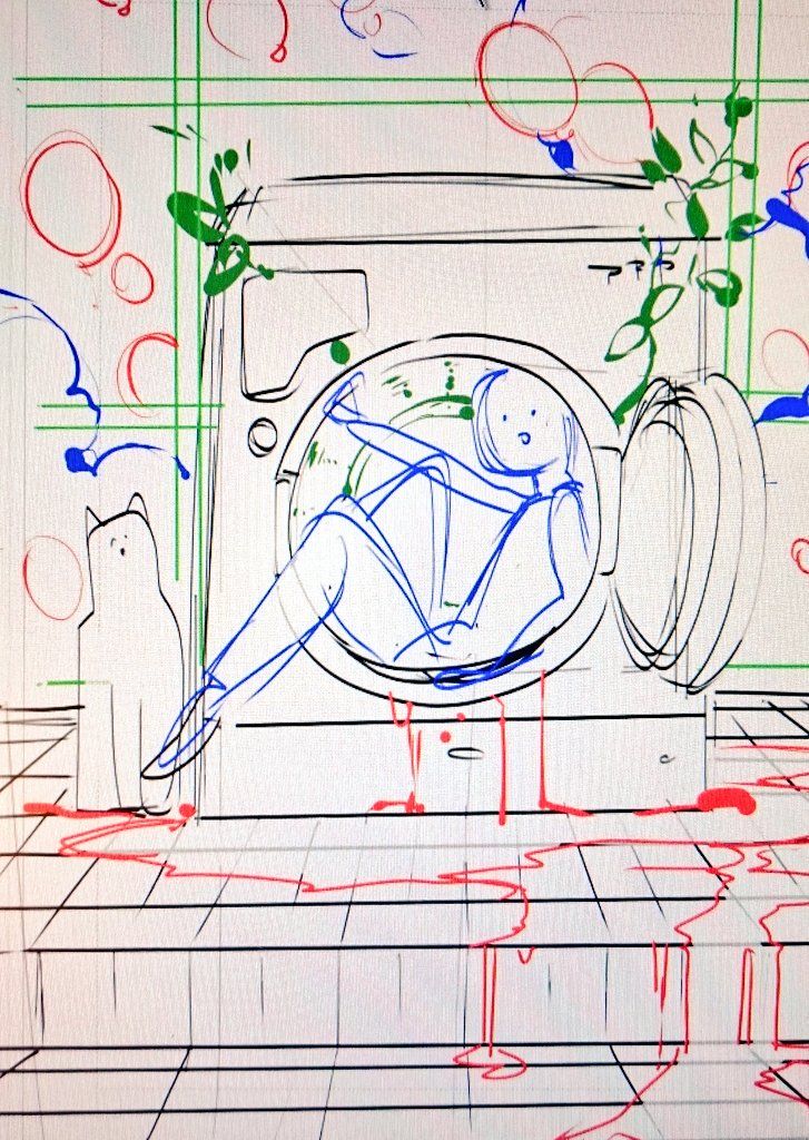 a drawing of a woman sitting in front of a dryer with her feet on the floor