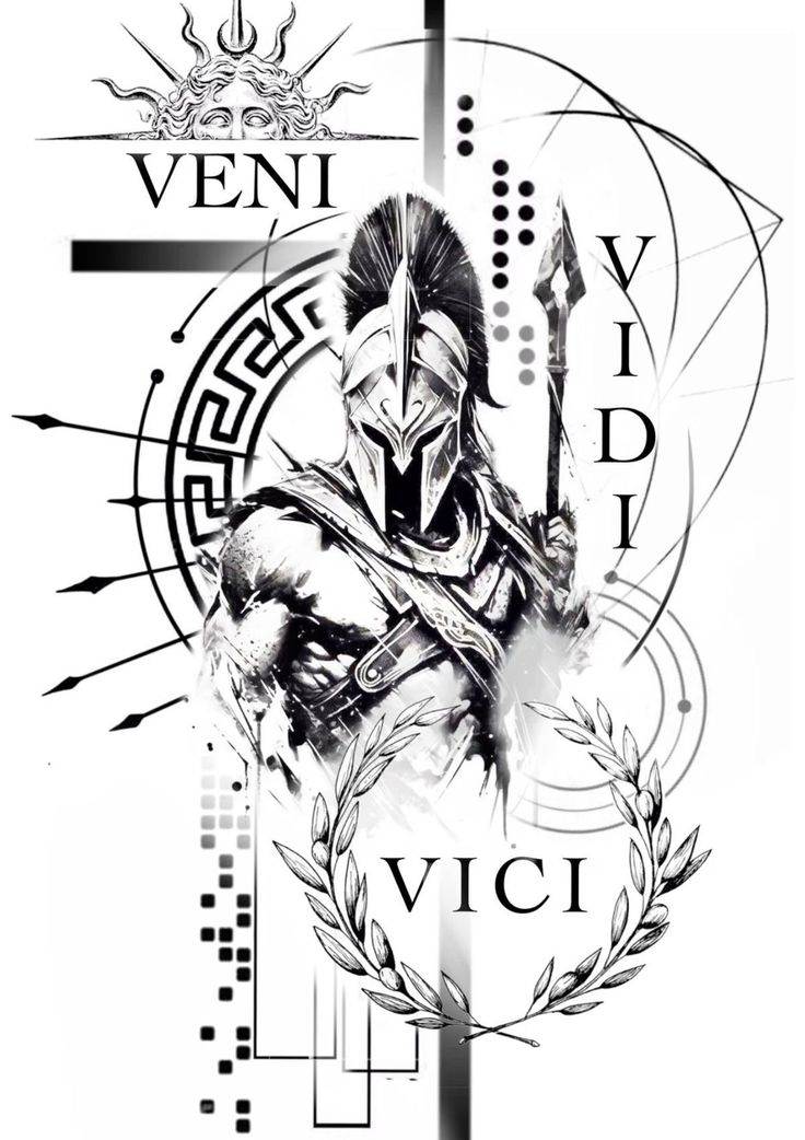 Veni Vidi Vici Tattoo Men Arm, Gladiator Tattoo Ideas, Gladiator Sleeve Tattoo, Gladiator Symbol, Spartan Warrior Drawing, Black Warrior Tattoo, Gladiator Tattoo Sleeve, Conceptual Tattoo Ideas, Tattoo Gladiator