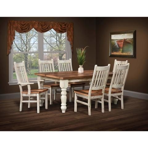 an image of a dining room setting with white chairs and wooden table in front of large window