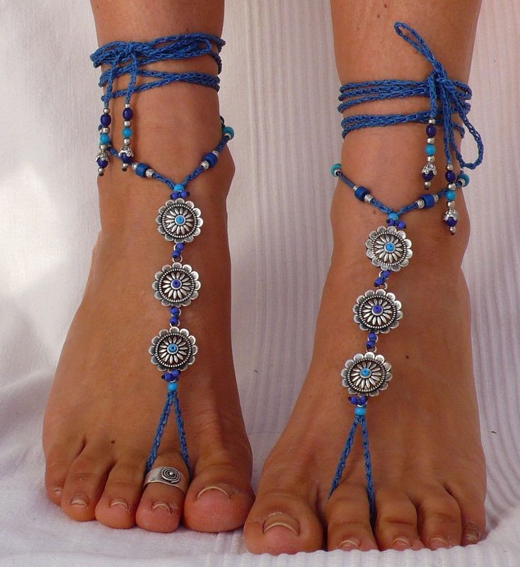 This listing is for a pair of barefoot sandals. Beautiful and unique barefoot sandals with a spring vibration. They look great as necklace or on the hands too :) Handmade crocheted with love and care using waxed polyester cord, tibetan silver flowers, greek ceramic beads, achira seed beads and glass beads. The lace is long enough to wrap it 2 times around the leg. Each end of the string is closed with achira seed beads and silver beads. These resistant sandals are suitable for many environments. Adjustable Beaded Bohemian Barefoot Sandals, Blue Anklets For Beach Festival, Bohemian Turquoise Anklets For Festivals, Adjustable Bohemian Barefoot Sandals With Toe Loop, Adjustable Toe Ring Barefoot Sandals For Beach Season, Hippie Beaded Ankle Wrap Barefoot Sandals, Beaded Bohemian Barefoot Sandals With Open Toe, Bohemian Toe Ring Barefoot Sandals For Vacation, Bohemian Beaded Barefoot Sandals Open Toe