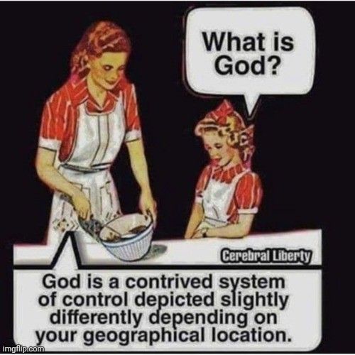 two women in aprons are cooking together with a speech bubble above them that says, what is god?