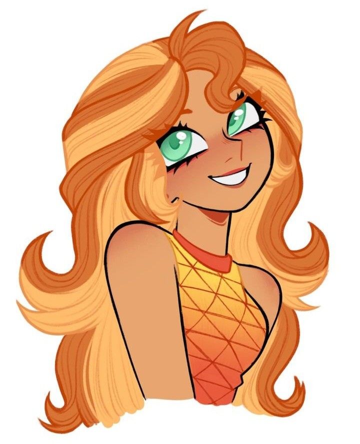 a cartoon girl with long blonde hair and green eyes, wearing an orange dress is smiling at the camera