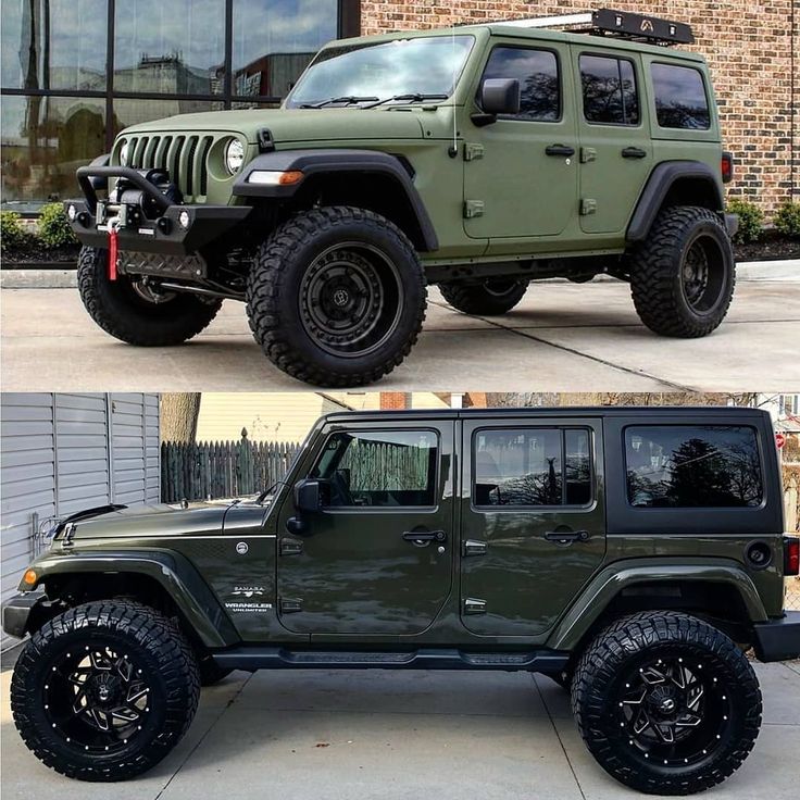 two pictures of the same green jeep with black rims and tires, one is parked in front of a brick building