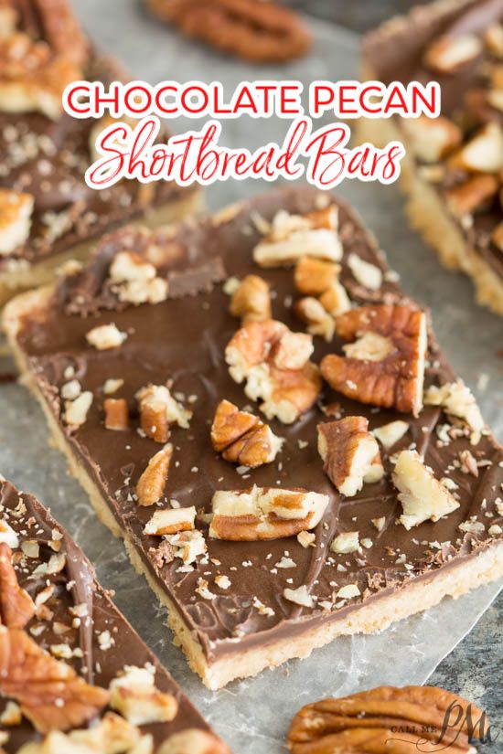 chocolate pecan shortbread bars with nuts on top and text overlay that reads, chocolate pecan shortbread bars