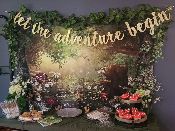 the dessert table is set up for an adventure party