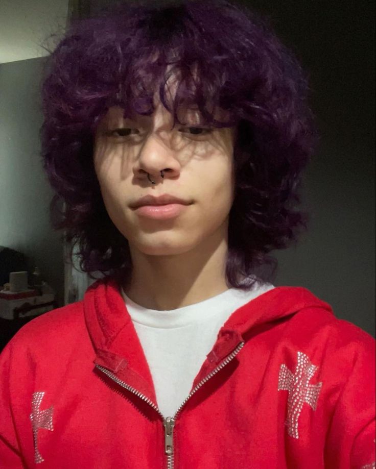 Purple Curly Hair Men, Blackish Purple Hair, Manifest Challenge, Purple Hair Men, Men Purple Hair, Curly Purple Hair, Curly Pink Hair, Purple Hair Highlights, Male Haircuts Curly