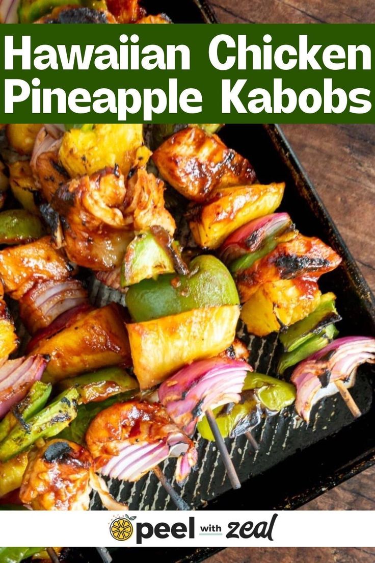 hawaiian chicken and pineapple kabobs with text overlay