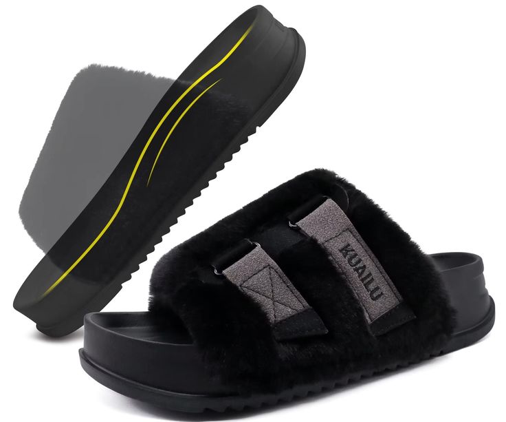 PRICES MAY VARY. ▶▶FUZZY & ON TREND: Luxurious and gentle touch thick plush upper(premium furry fluffy vegan rabbit fur) meets open toe design, fashionable and cute appearance, comfortable to wear. Women’s bedroom slippers suitable for spring, summer, fall. ▶▶ADJUSTABLE & EASY SLIP ON/OFF: woman fur slides sandals with double micro suede straps is nice and snug, easy to walk in and stay on feet. Specially designed for high instep, narrow and wide feet. Also good for people that have had foot sur Faux Fur Sandals, Slippers With Arch Support, Sandal Slippers, Fur Sandals, Toe Slippers, Bedroom Slippers, Open Toe Slippers, Black Slides, Platform Slippers