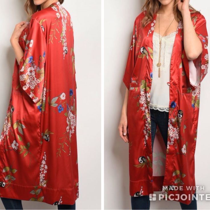 Red Floral Satin Kimono! 3/4 Flutter Sleeve Open Front Satin Floral Kimono. One Button Closure And Two Front Pocket's! Fabric Content: 65% Cotton 35% Polyester! B#52 Red Summer Outerwear With Kimono Sleeves, Red Long Sleeve Kimono For Spring, Red Kimono Sleeve Outerwear For Spring, Red Outerwear With Kimono Sleeves For Spring, Summer Floral Print Red Outerwear, Red Long Sleeve Kimono With Floral Print, Red Floral Print Long Sleeve Kimono, Chic Red Long Sleeve Kimono, Elegant Red Kimono For Summer