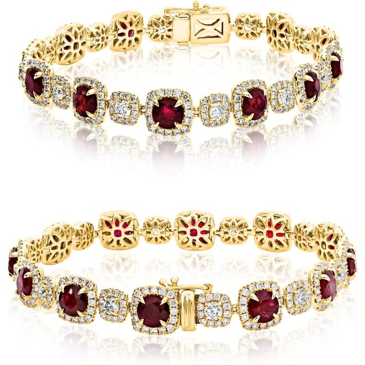 Unlock the utopia of uniqueness with our enchanting Cushion Ruby Bracelet by Roman & Jules. Picture this: a vibrant burst of red, meticulously cut into cushion-shaped rubies, set in an elegant 18K yellow gold bracelet. This masterpiece is not just a piece of jewelry; it's a testament to timeless elegance and sophistication. Each ruby, with its deep crimson hue, whispers tales of passion and allure.Wear it on your wrist and feel the empowering energy of the rubies, symbolizing love and courage. The bracelet's design seamlessly marries tradition with modern aesthetics, making it a perfect accessory for the modern, confident woman. The 4.29 carat cushion rubies are complemented by 9.42 carats of round brilliant diamonds, adding a touch of sparkle and glamour to your every move.Crafted with pr Ruby Bracelet, Gold Cushions, Romantic Dinners, Yellow Gold Bracelet, Confident Woman, Picture This, Bracelet Designs, Timeless Elegance, Gold Bracelet