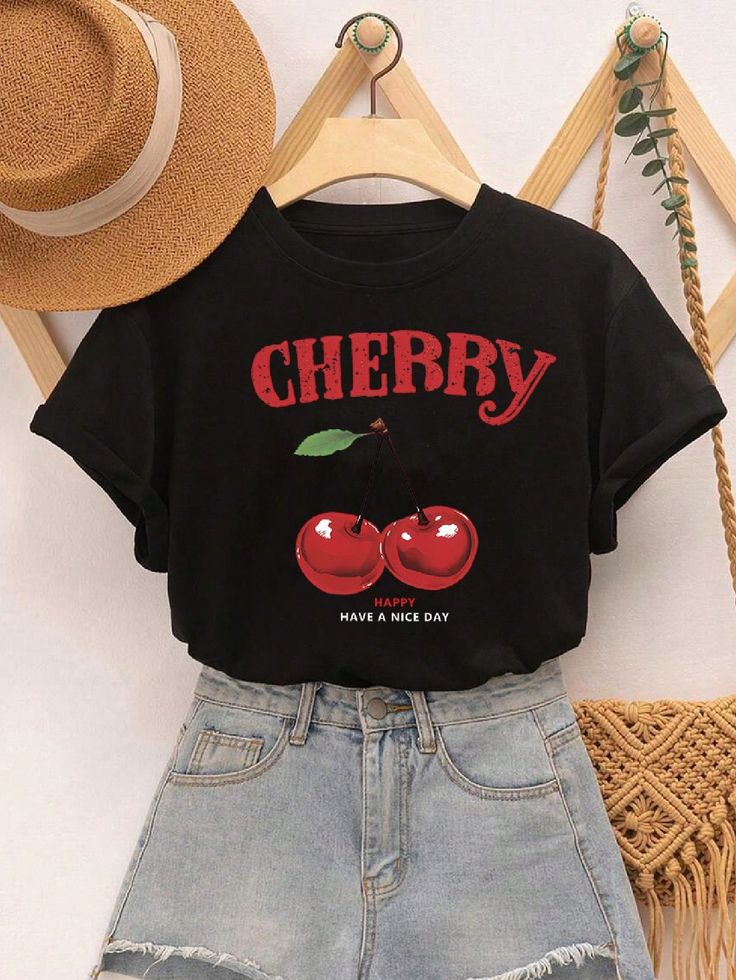 Tween Girl Cherry Y2K Casual Summer Fruit Short Sleeve T-Shirt Black Casual  Short Sleeve Polyester Cartoon,Colorblock,Letter,Fruit&Vegetable  Slight Stretch  Tween Girls Clothing, size features are:Bust: ,Length: ,Sleeve Length: Dream Clothes T-shirts & Tank Tops, Cherry Shirt Outfit, Cherry Clothes, Tops From Shein, Cherry Shirt, Summer Teen, Y2k Casual, Girls T Shirts, Shirts For Teens