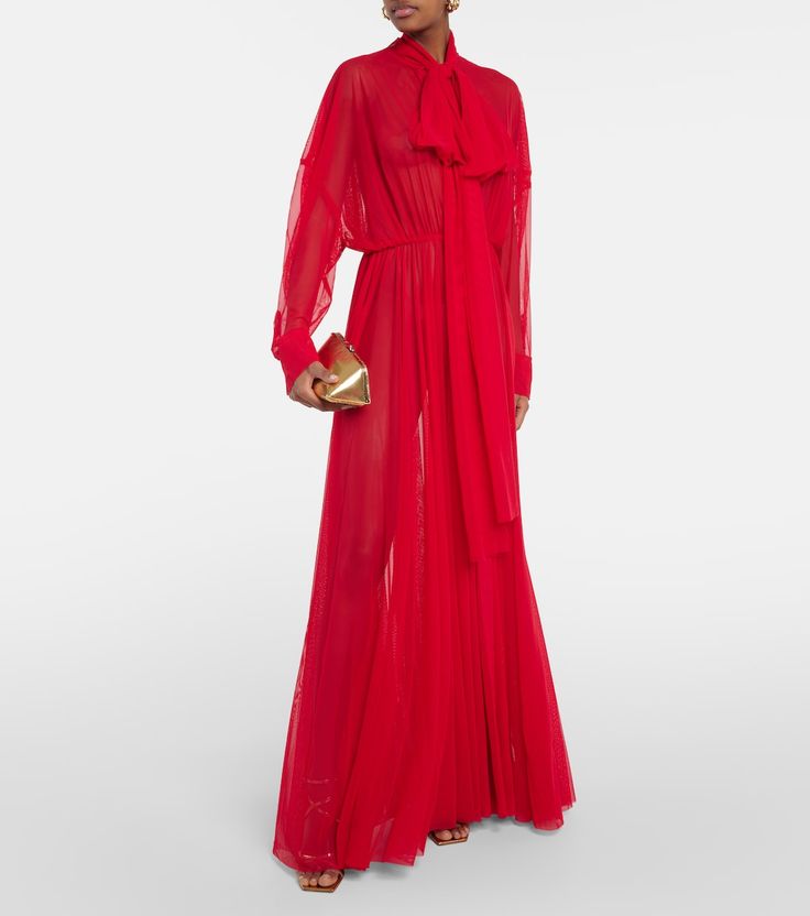 Chiffon gown in red - Norma Kamali | Mytheresa Red Chiffon Dress, January Blues, Red Tights, Colour Trends, Color Trends Fashion, Red Chiffon, Chiffon Gown, Norma Kamali, Wool Dress