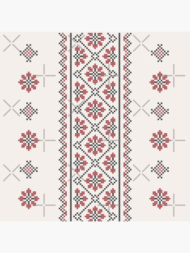 a cross stitch pattern with red flowers and crosses on the side, as well as black dots