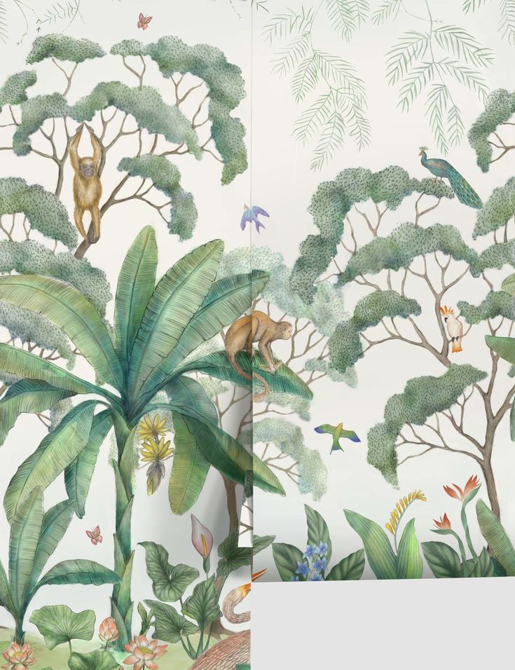 a painting of monkeys and other animals in the jungle