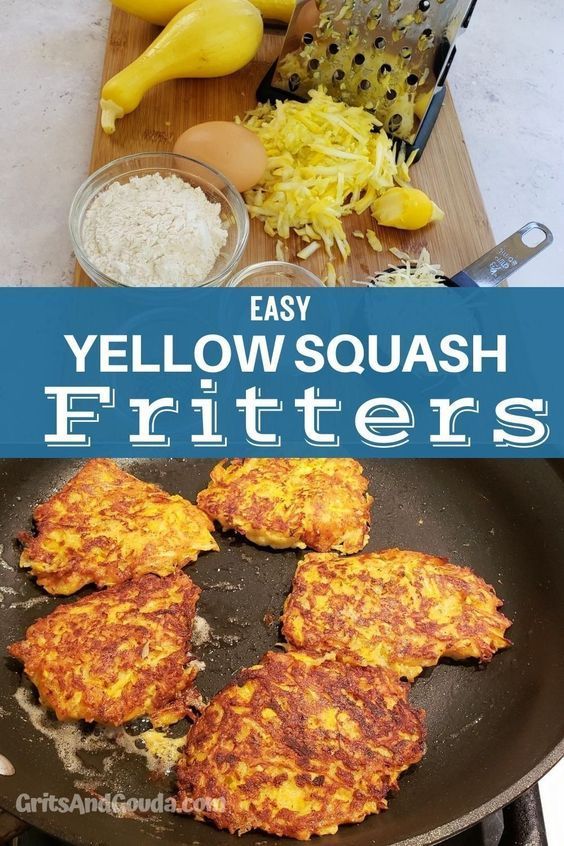 yellow squash fritters are being cooked in a skillet with other ingredients on the side