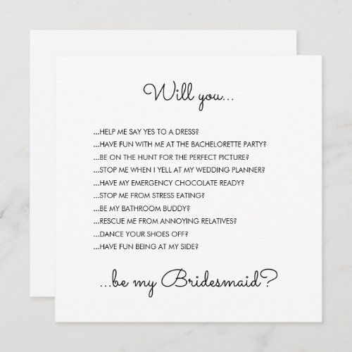 a white card with the words will you be my bridesmaid written on it