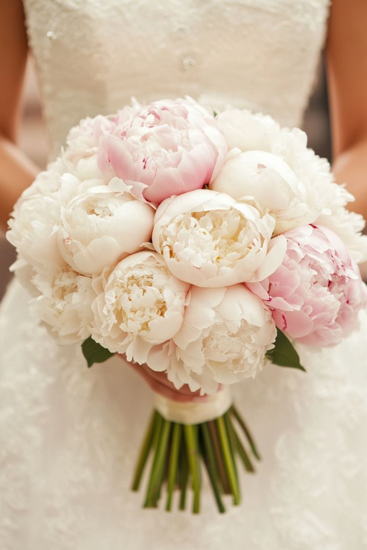 a bride holding a bouquet of white and pink peonies