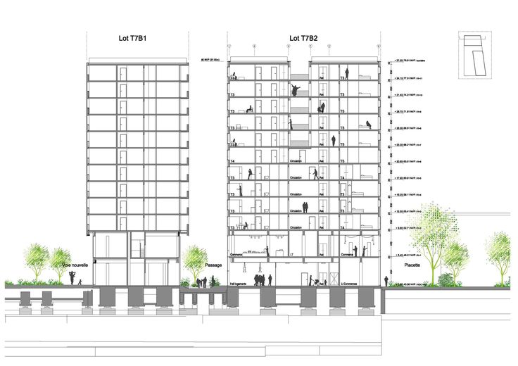 an architectural drawing of two tall buildings with trees on each side and people walking in the distance