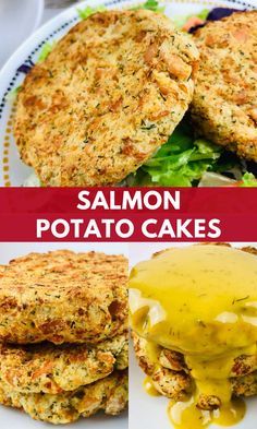 salmon and potato cakes on a plate with sauce