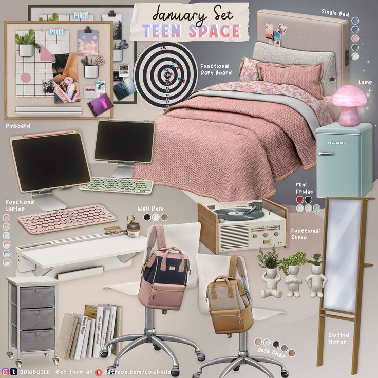 a collage of various items including a bed, desk and laptop computer with the words jenny set them space above it