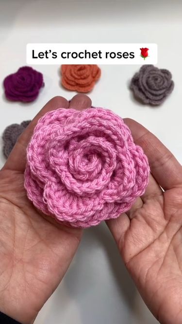 a hand holding a crochet rose in different colors