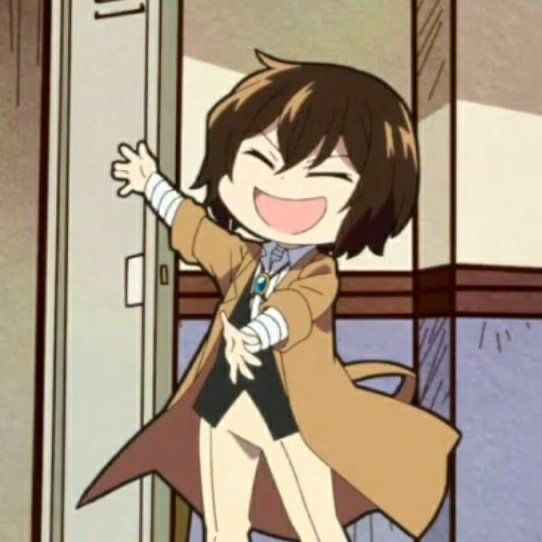 an anime character is standing in front of a door with her arms out and smiling