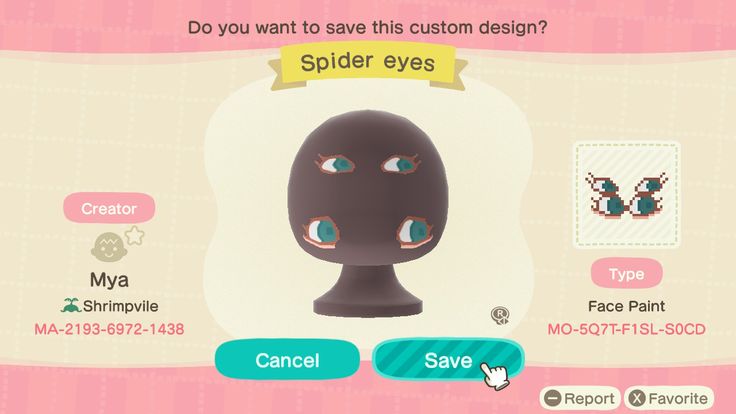 an animal crossing game with the caption'do you want to save this custom design? spider eyes '