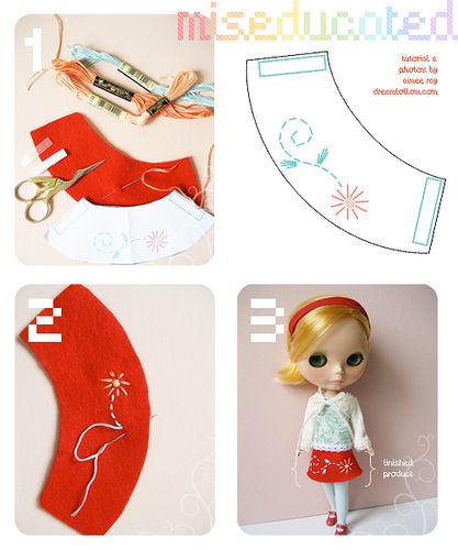 the doll is wearing a red dress and has scissors in her hand as she stands next to some sewing supplies