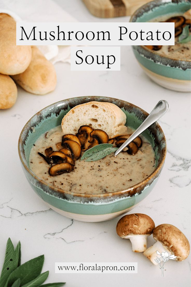 mushroom potato soup in a blue bowl with spoon and mushrooms on the table next to it