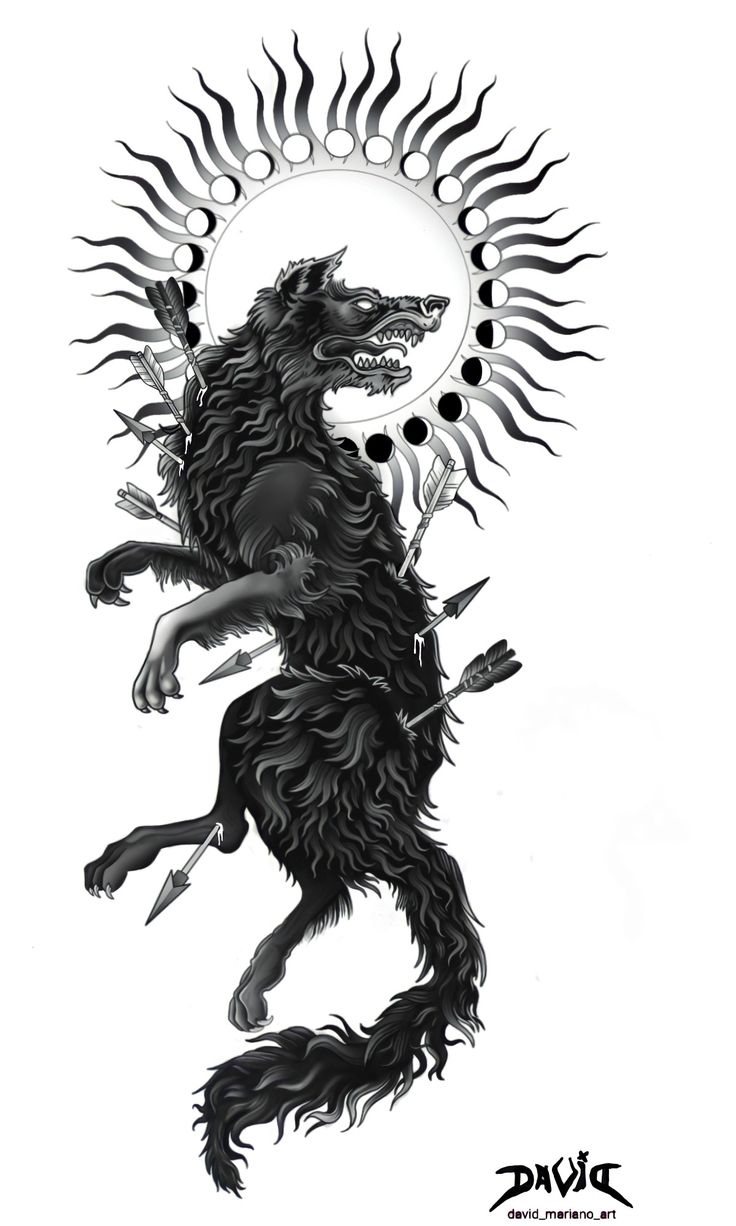 a black and white drawing of a wolf with the sun in its claws on it's back