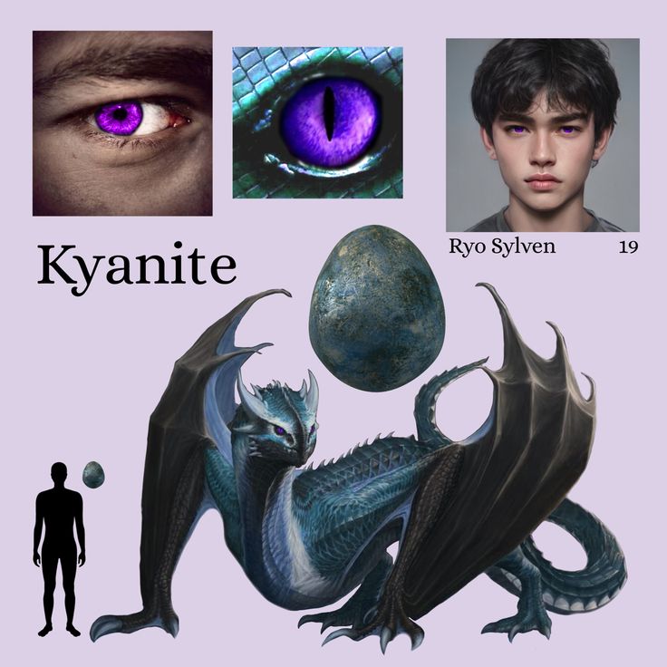 a man standing next to a dragon with purple eyes and an eyeball in front of him