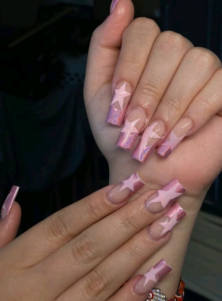 Acrylics With Star Design, Pink Star Nails Acrylic, Pink Stars Nails, Pink Nails With Stars, Star Nails Pink, Star Nails Acrylic, Pink Star Nails, Long Acrylic Nail Designs, Polygel Nails