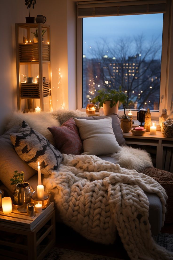 a living room filled with lots of pillows and blankets on top of a couch next to a window