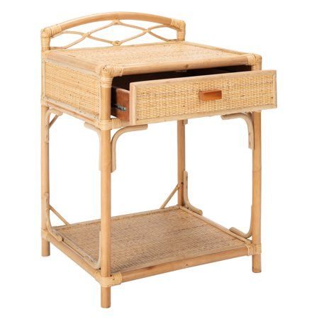 the side table has two drawers and is made out of bamboo with wicker handles