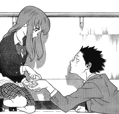 an anime scene with two people sitting on the floor and one is touching another person's hand