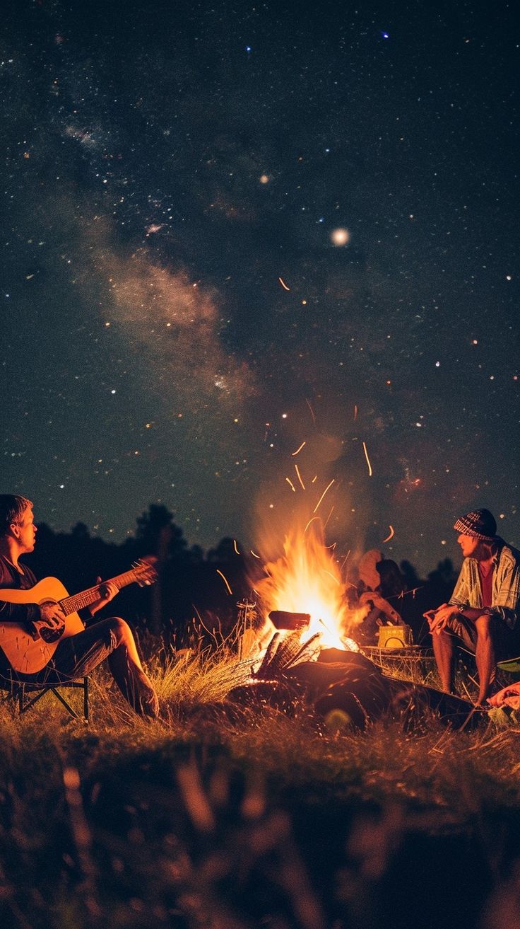 three people sitting around a campfire at night with the stars in the sky above