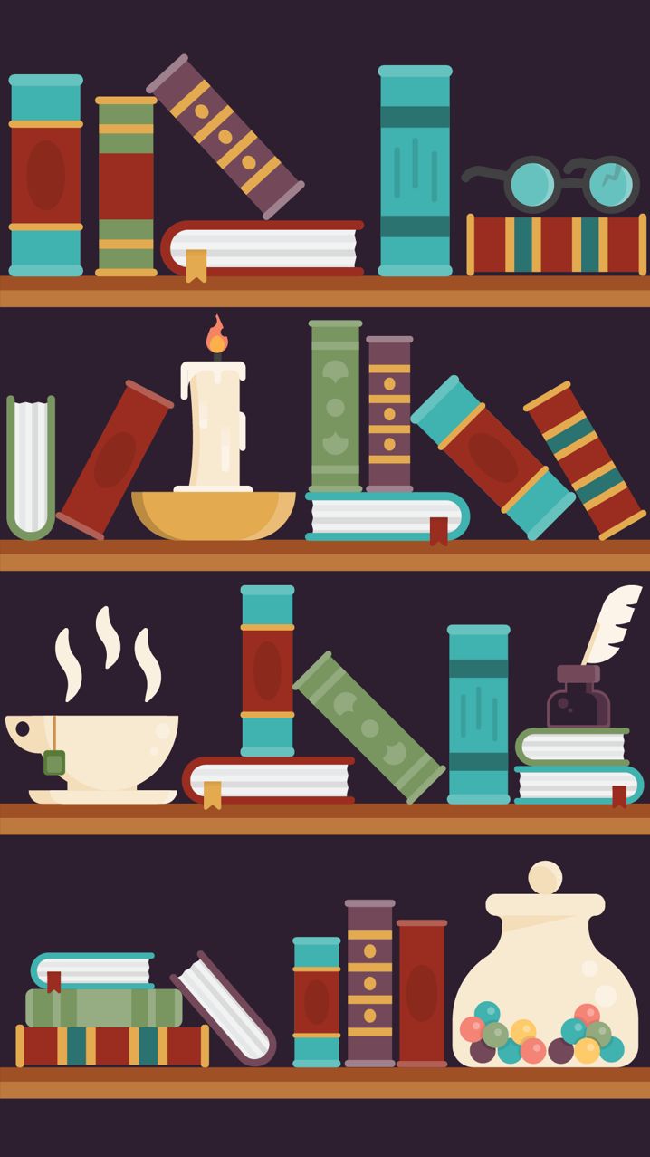 an illustration of books on shelves with coffee cups and other items in the shelf,