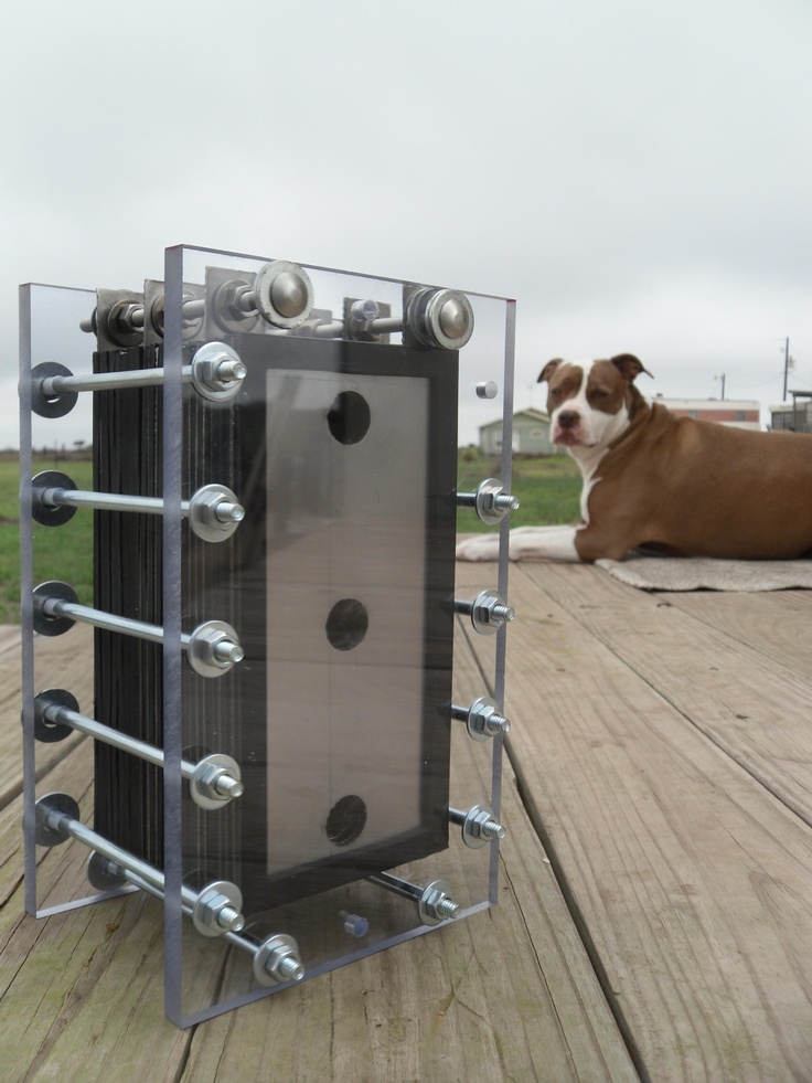 a dog laying on the ground next to an enclosure with metal pipes and fittings