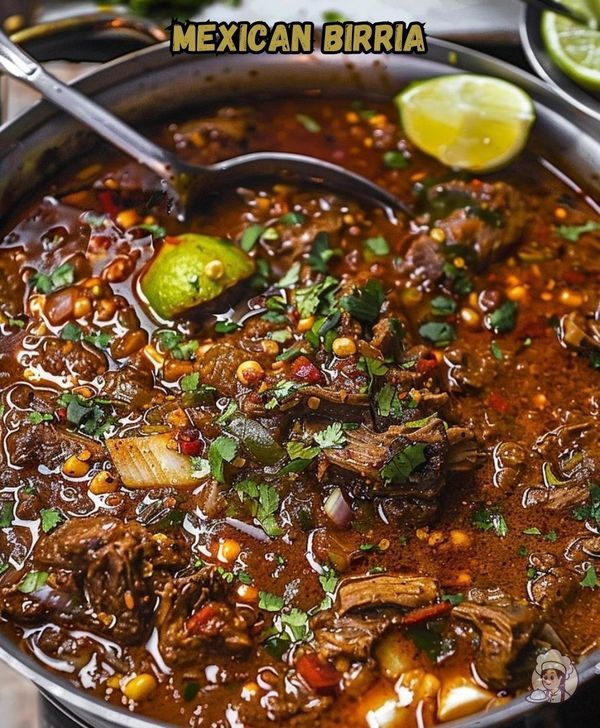 a large pot filled with meat, beans and cilantros on top of a table