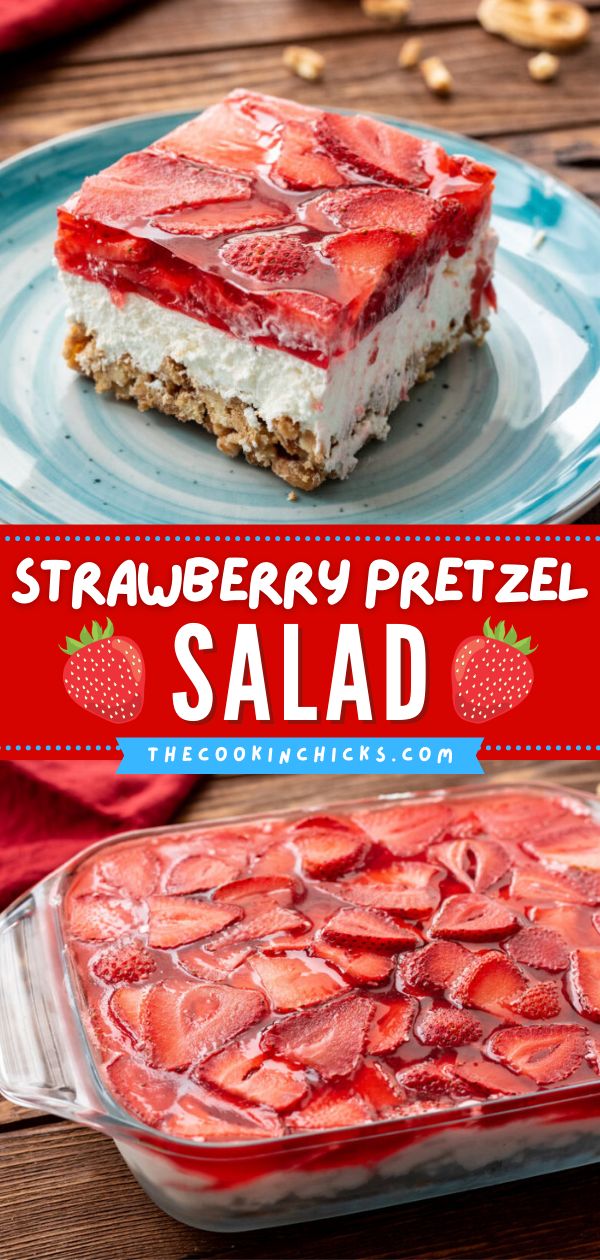 strawberry pretzel salad on a blue plate with the title overlay reads strawberry pretzel salad