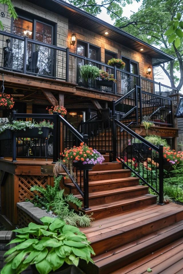 a house with stairs leading up to the second floor and flowers in pots on the steps