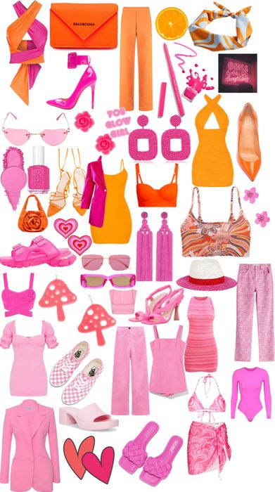 a collage of pink and orange items including shoes, bras, hats, bags