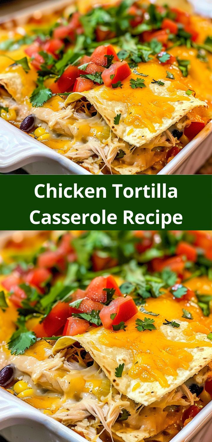 chicken tortilla casserole recipe in a white dish