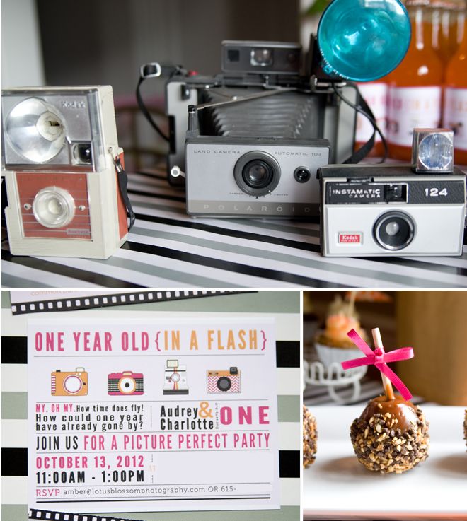 an old fashioned camera and other items are on display at a party, including candy