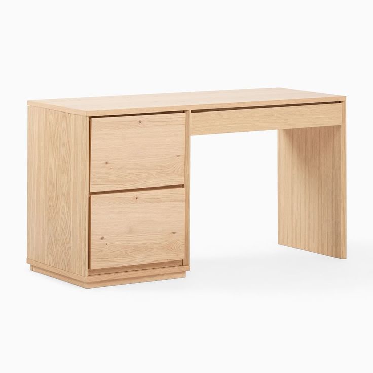 a wooden desk with two drawers on the bottom and one drawer at the top, against a white background