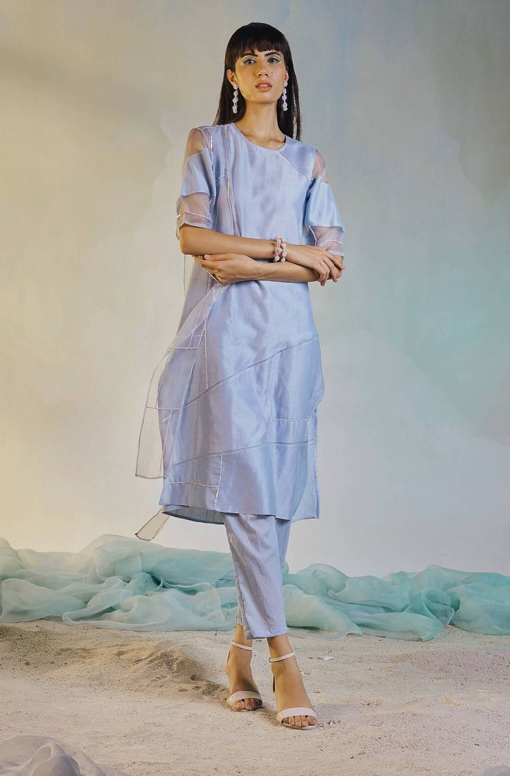 Charkhee-Cool Blue Straight Kurta Set-INDIASPOPUP.COM Striped Kurta, Blue Kurta, Sequin Embroidery, Organza Dupatta, Sequins Embroidery, Kurta Set, Cotton Pants, Straight Pants, Natural Fabrics