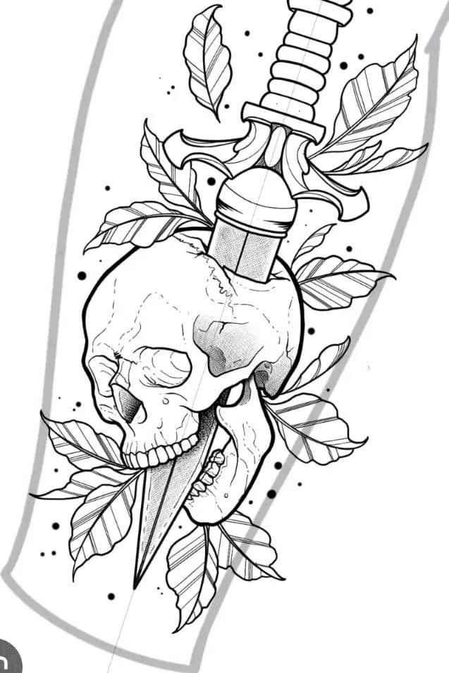 a black and white drawing of a skull holding a knife with leaves on it's side