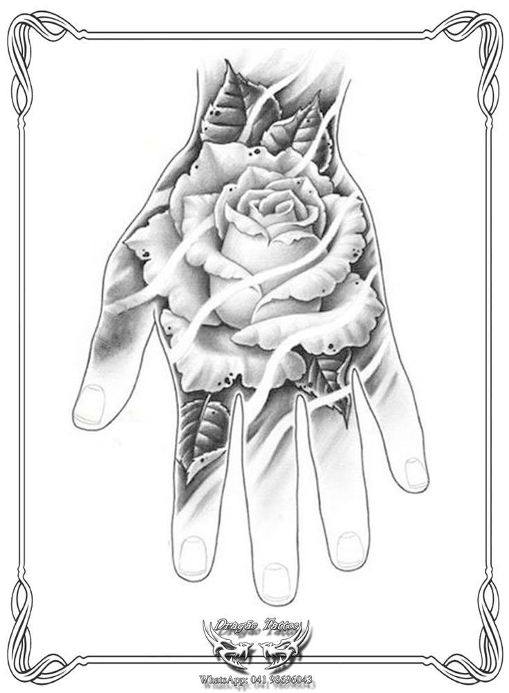 a drawing of a hand with a rose on it